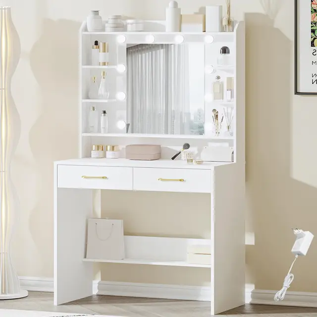 Hzuaneri Coiffeuse avec Miroir et éclairage LED, Luminosité Réglable, Coiffeuse avec étagères et 2 Tiroirs, Table de Maquillage pour Chambre à Coucher, Salon, 40 x 80 x 149 cm, Blanc EDT08203XV1