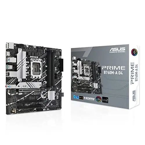 ASUS Prime B760M-A D4 – Carte mère Intel B760 LGA 1700 Micro-ATX (PCIe 4.0, 2 x M.2, Realtek 2.5Gb Ethernet, DisplayPort, 2 x HDMI, SATA 6 GB/s, USB 3.2 Gen 2, Aura Sync RGB)