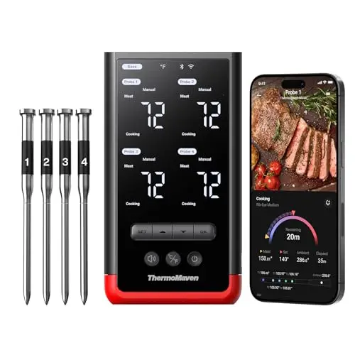 ThermoMaven P4 Thermomètre à Viande Sans Fil - 4 Sondes 6 Capteurs, WiFi Illimité & 152,4m Bluetooth 5.3, Précision ±0,3°C, IPX8 Étanche, Écran Intelligent, Barbecue Four Cuisine