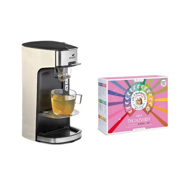 SENYA Machine à Thé Tea Time + Coffret 75 Sachets Les 2 Marmottes – Infuseur Thé Électrique – Thé en Vrac ou Sachet – 200/300 ml – Idée Cadeau Fête des Mères (Crème)