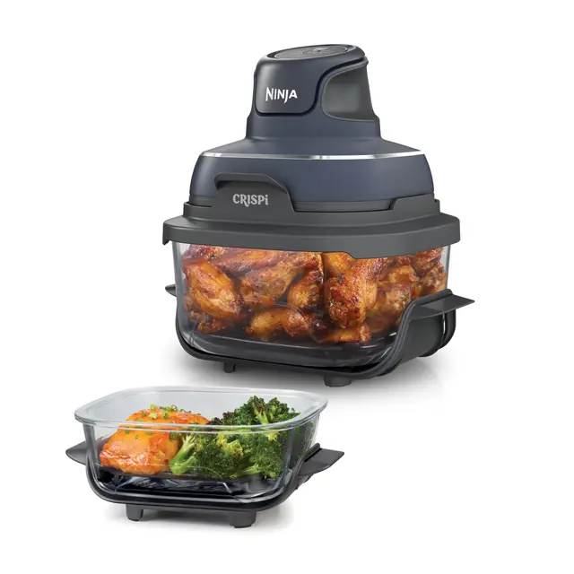 Ninja CRISPi Friteuse sans huile portable, 3,8L, 4-en-1 : Frire sans huile, Rôtir, Garder au chaud, Recroustiller, Design compact, 2 récipients avec couvercles, 1 700 W, Gris FN101EUGY