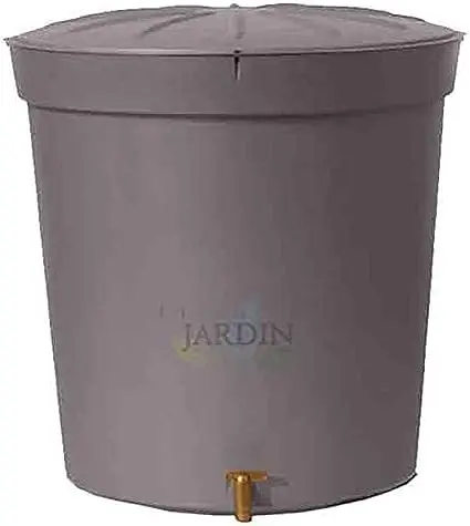 Réservoir d'eau gris granit polypropylène 300 litres pour eau de pluie avec couvercle et robinet. Diamètre 82 cm, hauteur 86 cm.