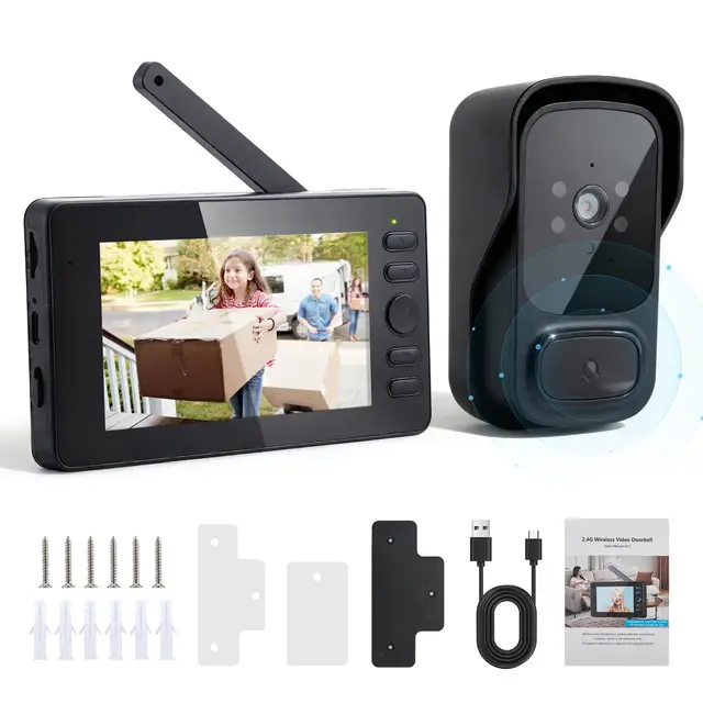 Sonnette sans Fil avec Caméra, Etanche Sonnette Vidéo sans Fil, 1080P HD IPS 4.3", Audio Bidirectionnel, Infrarouge Vision Nocturne, Résistant aux intempéries, Angle de Vision 120°, 2.4G WLAN