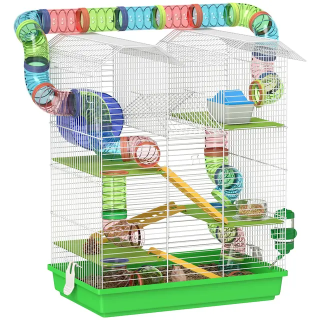PawHut Cage pour Hamster Souris Petit Animaux Rongeur avec Tunnel Mangeoire Roue Jouet 47 x 30 x 59 cm Vert