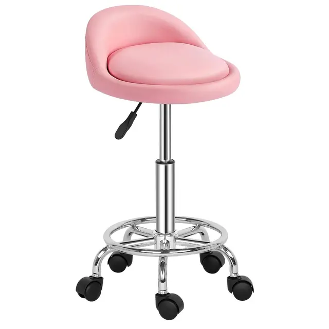 Tabouret de Bureau,Tabouret Rond avec Dossier,Tabouret à roulettes Rotation à 360°Hauteur Réglable 49-64 cm,Tabouret Coiffeuse,pour Salon de Massage, Bureau,Clinique Rose