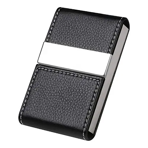 flintronic® Porte-Cartes de Visite | Porte-Cartes de Crédit en Cuir PU, Boîtier d'identité Ultra-Mince en Acier Inoxydable pour Hommes/Femmes | Double Boucle Magnétique Ouverte - Noir