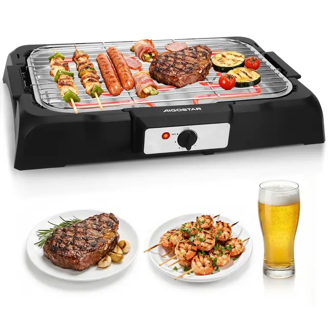 Aigostar Tasty - Gril sans Fumée, Barbecue Electrique d’intérieur. 2000W, Thermostat, Taille Compacte. Utilisation Avec de l'eau: Evite Taches et Fumée. Entièrement Démontable.