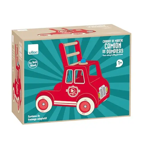 Vilac - Chariot de Marche en Bois - Camion de Pompiers - Stable et Durable - idéal pour l'apprentissage de la Marche dès 1 an - Design Vintage - Roues silencieuses - Compartiment pour Doudou