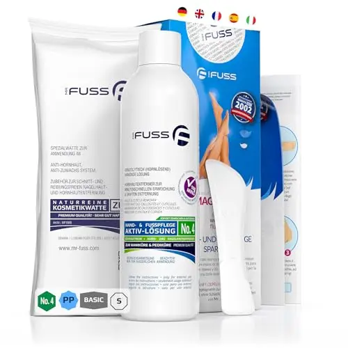 Mr. Fuss Solution Anti Callosités - Dissolvant Pour les Cornes - Lotion Élimine Immédiatement Peau Dure et Sèche 250ml N° 4 en Paquet Plus. Set de Pédicure sans Frottage avec Effet Immédiat