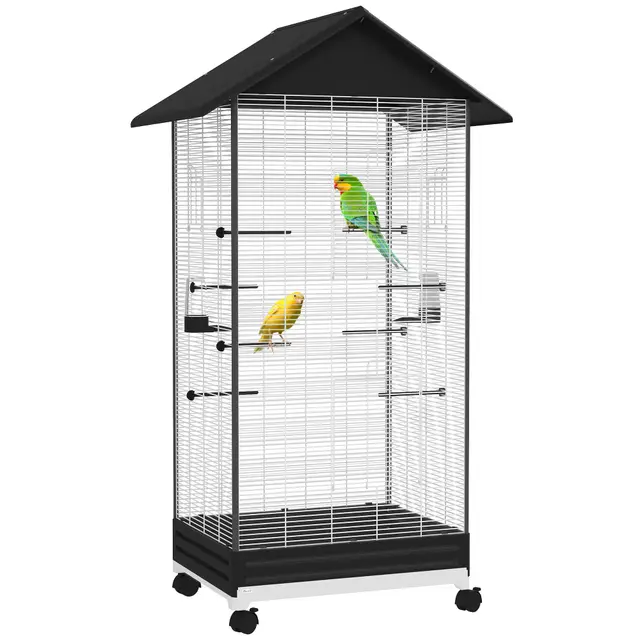 PawHut Cage Oiseau sur Pied, volière Oiseaux intérieure sur roulettes, avec Plateau Coulissant, 2 mangeoires et 8 perchoirs, pour pinsons canaris, 79 x 65 x 155 cm, Fil d'acier, Noir
