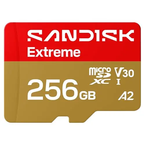 SANDISK Extreme Carte microSDHC UHS-I + SD Adapter, 256 Go (Jusqu’à 245 Mo/s en Lecture et 170 Mo/s en écriture, vidéo 5.3K, C10, V30, U3, A2)