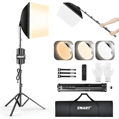 EMART Softbox Set, 40X40cm Kit Studio Photo Softbox Lampe de Photographie avec 3000K-6000K 85W Ampoule LED avec Télécommande pour Studio de Photographie, Portrait, Enregistrement Vidéo (1 Pack)