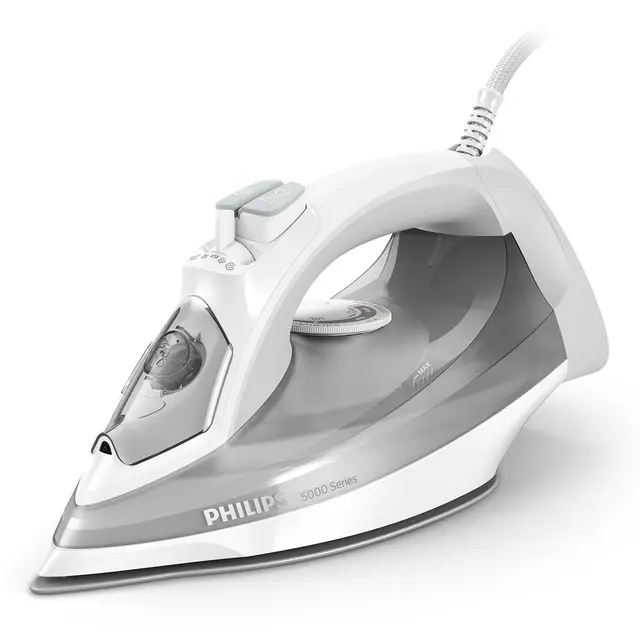 Philips fer à repasser Série 5000 - Puissance Fer à Vapeur 2400W, Effet Pressing 160 g, Débit Vapeur Continue 40 g/min, Semelle SteamGlide Plus Anti-Rayures, Réservoir 320ml, Blanc/Gris (DST5010/10)