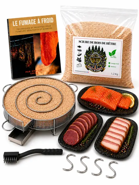 Générateur/Serpentin de Fumée Froide pour Fumoir Viande et Poisson + 1.2kg de Sciure de bois de hêtre + 4 crochets et 1 Brosse de nettoyage - Guide Numérique PDF à Télécharger (Offert)