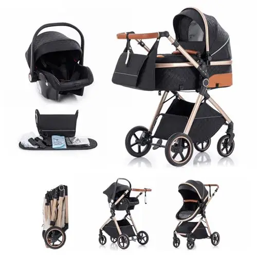 Trio Poussette 3 en 1 avec Siège Auto, Landau Bébé Pliable, 7 Positions Poignée, Suspension 4 Roues, Housse Pluie, Moustiquaire, Système de Voyage pour Nouveau-Nés 0-3 Ans (15kg), Noir