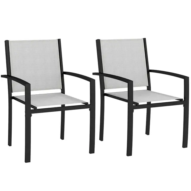 Outsunny Lot de 2 chaises de Jardin chaises empilables d'extérieur avec accoudoirs, Cadre en Acier pour Jardin, Piscine, terrasse, Gris Clair