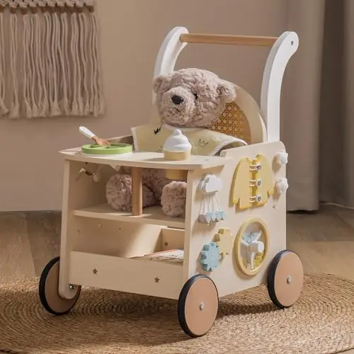 ROBOTIME landau en bois pour bébé, poussette de marche à pousser/tirer. Cadeau éducatif, marcheur sûr avec contrôle de vitesse et rangement sous le siège, dès 10 mois