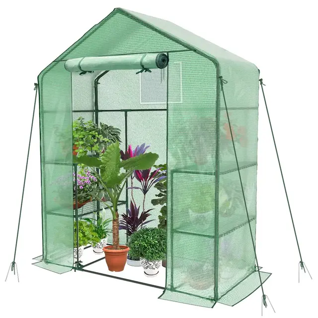 VOUNOT® Serre de Jardin PE avec Étagères 3 Niveaux Serre de Jardin pour Légumes Plantes Fleurs Bâche Renforcée 135g/m2 Protéger Vos Plantes en Toutes Saison 143x73x195cm Vert
