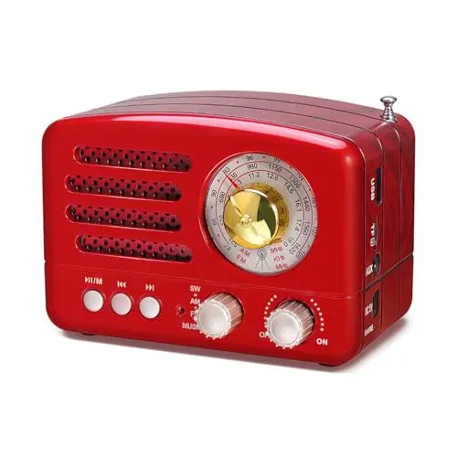 Poste Radio Portable, PRUNUS J-160 Radio Vintage Bluetooth avec Batterie Rechargeable 1800mAh, Bouton de Réglage Extra Large, TransistorRadio Prise en Charge de la Carte TF/USB (Red)