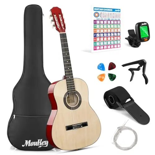 Moukey Guitare Acoustique 36 Pouces pour Débutants Enfants et Jeunes, guitare voyage Dreadnought 3/4 avec housse, accordeur, médiators, cordes nylon, capodastre et sangle