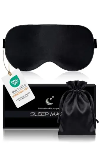 Aosun Masque de Sommeil Antiallergique et Occultant en Soie Pure à 100%, Avec Bandeau Réglable, Masque de Nuit, Convient Aux Hommes et Aux Femmes (Noir)