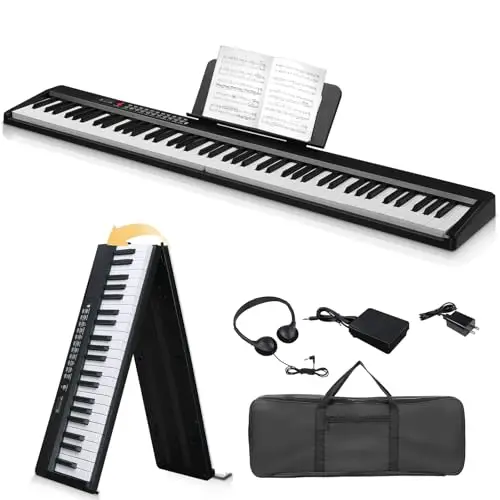 LEADZM Piano Numérique Pliable 88 Touches, Ensemble Piano Électrique Semi-Lesté, 2 Modes Bluetooth, 1000 Rythmes, 1000 Sonorités et 50 Démos pour Débutants (Noir)