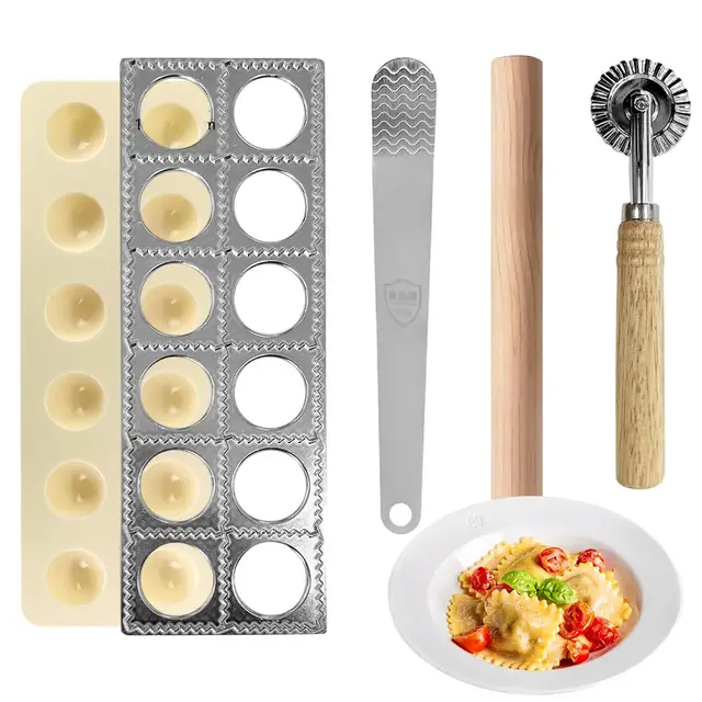 Machine à Raviolis - 4 Pièces en Acier Inoxydable Incluant Emporte-Pièces Rond/Carré 40mm et Rouleau - Pour Raviolis, Dumplings et Pâtes Frais - Grand Espace de Remplissage