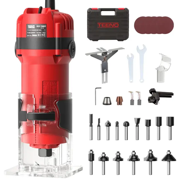TEENO Défonceuse Affleureuse Électrique 800W 15000-32000 RPM Avec 32 Accessoires, Affleureuse à Bois Avec 15 Fraises à Défoncer Queue de 1/4", 6 Vitesses Variables, Boite en Plastique