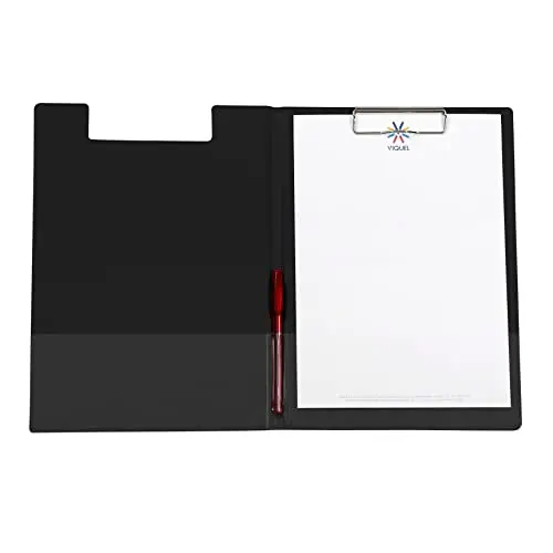 Viquel – Porte-Bloc A4 avec Rabat et Pince Métal, Support d'Écriture avec Compartiment de Rangement pour Documents, Formulaires et Dossiers, Noir