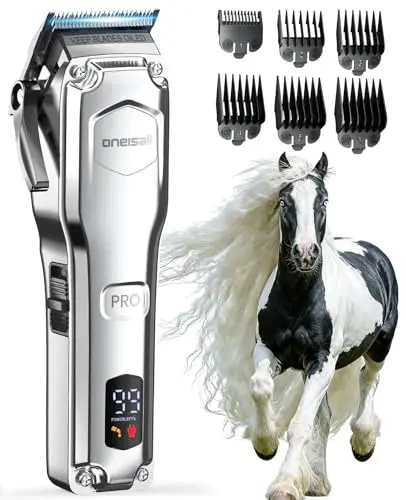 oneisall Tondeuse sans fil silencieuse pour chevaux, tondeuse rechargeable pour chevaux avec 6 accessoires et lame amovible en acier inoxydable, autonomie de 4 heures, tondeuse pour chevaux et chiens