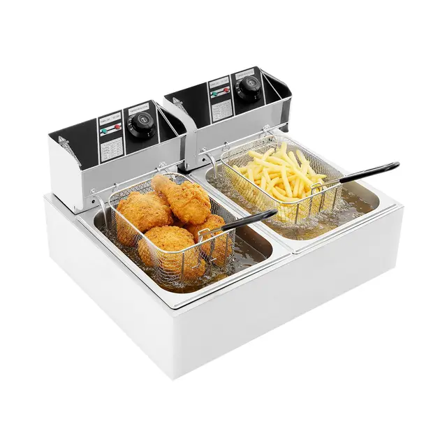 Friteuse commerciale, 2 x 6 l, électrique, à double réservoir, avec panier et couvercle anti-poussière, double friteuse à huile en acier inoxydable, chauffage rapide, contrôle indépendant de
