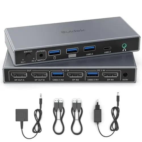 SUIDEK Commutateur KVM DisplayPort 2 entrées 2 sorties 4K@60Hz DP1.4 avec 3 USB A+1 USB C permettant à 2 ordinateurs de partager deux moniteurs, un clavier, une souris et une imprimante