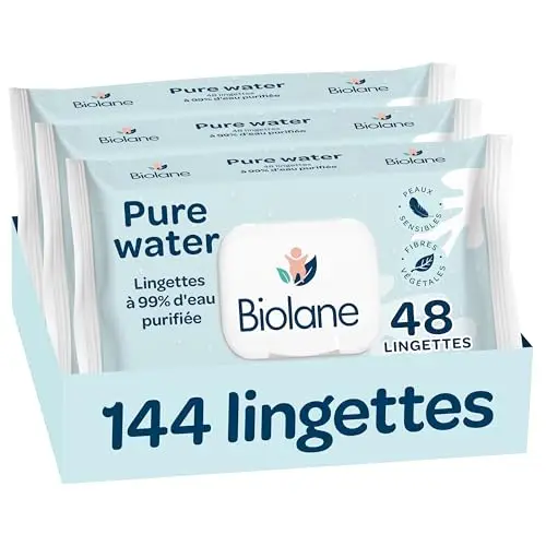 BIOLANE - Lingettes bébé nettoyantes Pure Water - 144 Lingettes - Lot de 3x48 - A l'eau Purifiée - Nettoie et protège - Corps et siège - Peaux Sensibles - Dès la naissance
