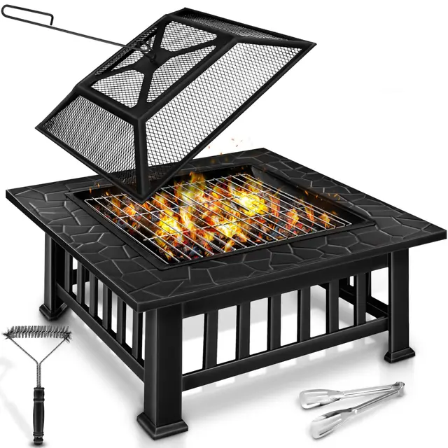 tillvex Brasero Extérieur BBQ | Foyer Poêle pour Jardin, Terrasse | Chauffage avec Gril-Le à Charbon + Couvercle | Cheminée Feu pour Barbecue avec Tissonier