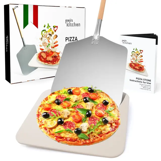 joeji's Kitchen Pierre à Pizza Cordiérite 30 x 38 cm & Pelle Aluminium Manche Bois Amovible - Grill et Barbecue