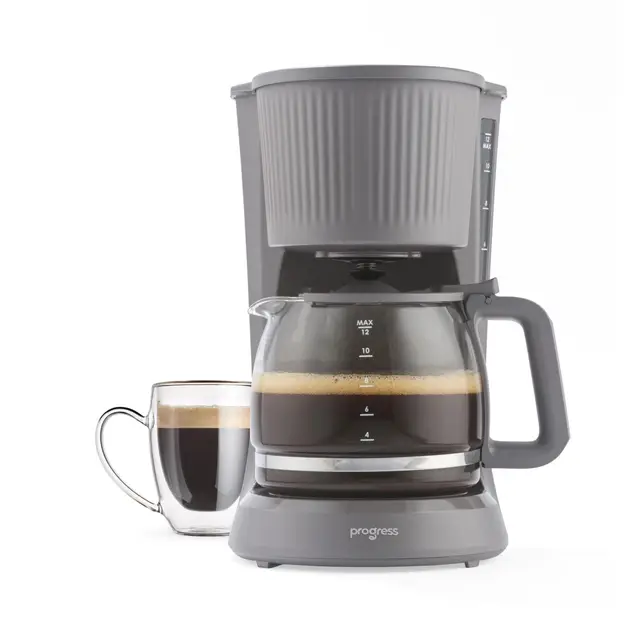 Cafetière à filtre Progress Mellow – Machine à café automatique, préparation instantanée, maintien au chaud 30 minutes, arrêt automatique, fonction anti-goutte, carafe en verre 1,5 litre, 750W, gris