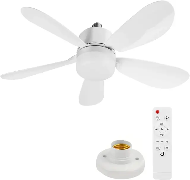 Ventilateur de Plafond avec Lumière et Telecommande, E27/E26 Lampe de Ventilateur LED Dimmable Plafonnier Timing, 5 Pales, Silencieux, 3 Vitesses, pour Salon, Bureau, Dortoir, Chambre (42cm+Base)