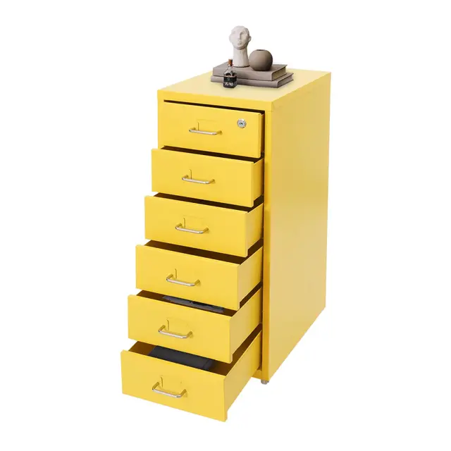 Armoire de classement verrouillable à roulettes avec 6 tiroirs, en métal, armoire étroite avec fente pour carte Cue pour le bureau à domicile (jaune)