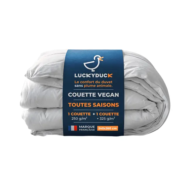 LUCKY DUCK - Couette 4 Saisons 240x260 - Percale100% Coton Blanc - Édredon Hypoallergénique - Ensemble Modulable 2 pièces 250+325g Séparables - Garnissage Microfibre - Léger à Très Chaud Toute l’Année