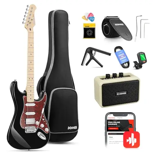 Donner Guitare Electrique, Pack Guitare Electrique Adulte HSS Pickup Coil Split, Guitare Taille Réelle avec Ampli, Housse, Accessoires, DST-152B Noir