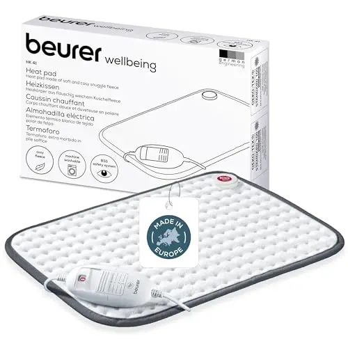 Beurer Coussin chauffant HK 41, surface super moelleuse, 3 niveaux de température, arrêt automatique, lavable en machine, fabriqué en Europe, blanc / gris
