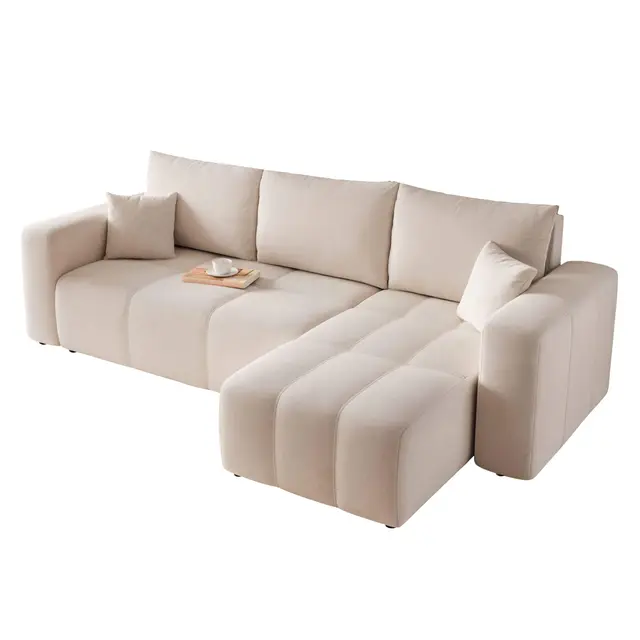 GREKPOL Canapé d'angle Convertible 145x248 à Gauche ou à Droite - Canapé 3 Places Convertible Crème avec Espace de Rangement
