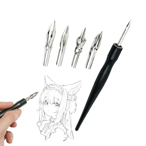 Lot de 6 Plume Calligraphie,Plumes à Encre en Acier Inoxydable Porte-Plume avec 1 Porte-Stylos Dip et 5 Plumes pour Dessin Croquis Cartographie - Ensemble à l'Encre