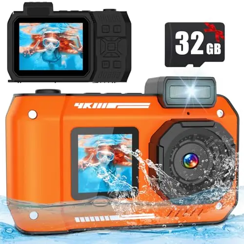 Camera sous-Marine 33FT/10M 4K 48MP Caméra étanche avec Carte 32 Go Double écran Robuste Anti-poussière Antichoc Autofocus Selfie Caméra numérique pour plongée en apnée Sport Voyage (Orange)