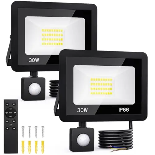 30W Projecteur LED Extérieur avec Détecteur de Mouvement - 2 Packs Blanc Froid 6500K - Eclairage Exterieur Lamp avec Télécommande, IP66 Etanche Spot Lumiere avec Detecteur for Jardin Garage Backyard