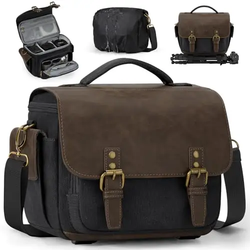 RAINSMORE Sac Appareil Photo, Sacoche Appareil Photo Reflex DSLR/SLR, Sac Photo avec Housse de Pluie, Sac Photographe Bandoulière en Toile Style Vintage pour Voyage et Sorties
