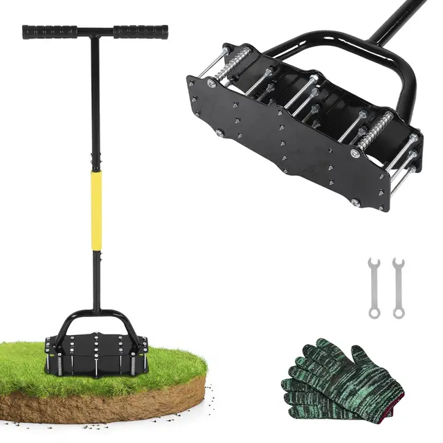 Outil manuel d'aération de gazon, outil d'aération de gazon à 17 pointes assistées par ressort avec nettoyage automatique de la terre et des feuilles, assouplisseur de sol avec gants et pédale