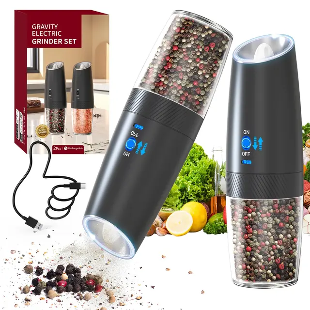 HOTUT 2 Pièces Moulin à Epices, Moulin a Poivre avec Plusieurs Niveaux de Broyage Réglables, Moulin à sel et à poivre électrique avec brosse et chiffon de nettoyage, rechargeable par usb - Noir