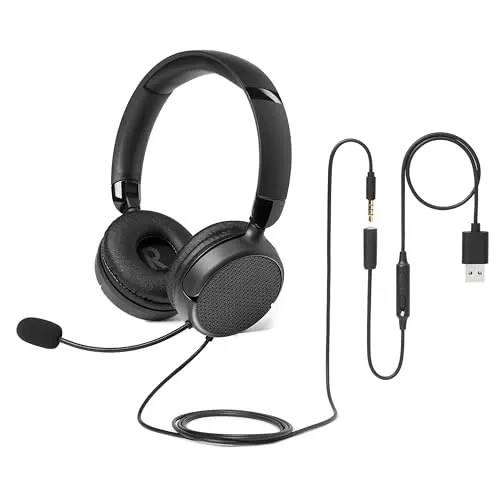 Amazon Basics Casque Supra-Auriculaire Avec Câble, Microphone Réglable, Connexion 3,5mm, Commande Filaire Avec USB-A, Pliable, Casque Pour Bureau, Smartphone, PC, Ordinateur Portable, Noir