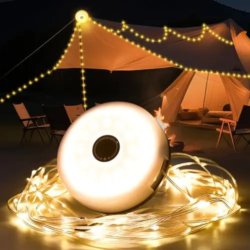Guirlande Lumineuse de Camping Enroulable 10m, 8 Modes d'Éclairage, USB Rechargeable 2000mAh, Étanche IP44, Portable Solaire pour Tente, Jardin, Cour, Randonnée, Fête, Noël, Décoration Extérieure